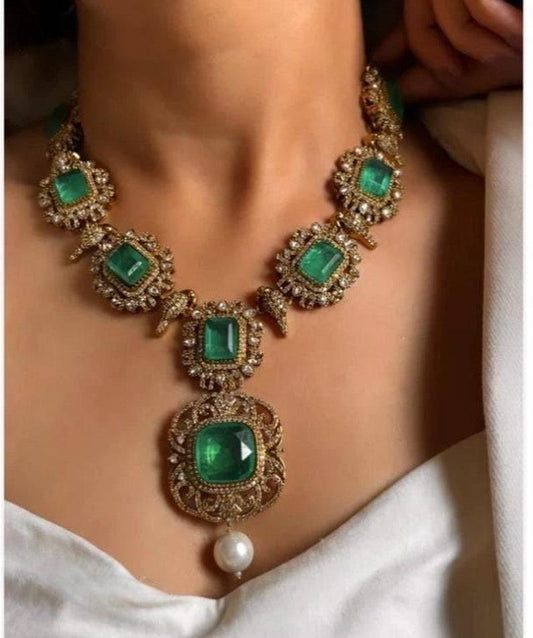 Emerald Green Victorian Statement Long Necklace Set/Indian Jewelry/Green Indian Set/Indian Bridal Jewelry/Polki Green Set Oxidized