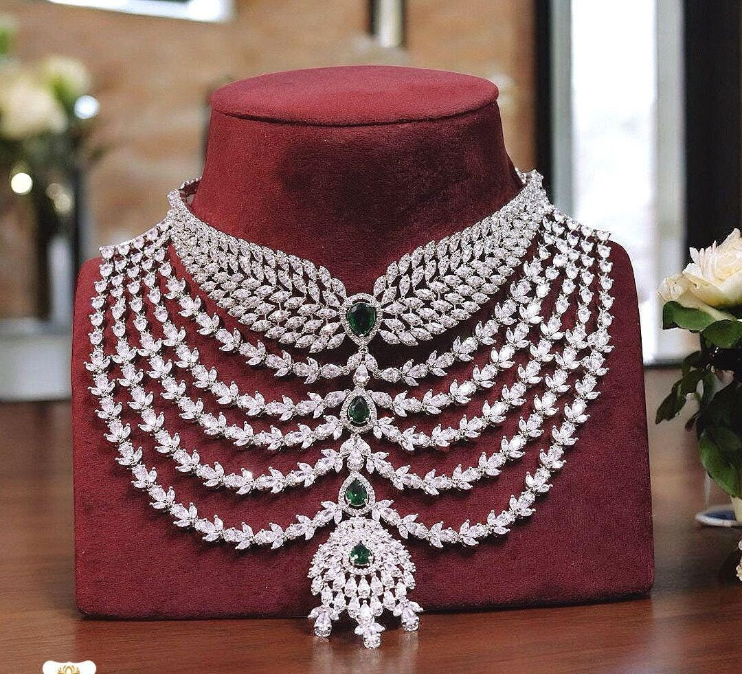 Silver Diamond Green Necklace/Statement Jewelry Set/Statement Necklace/Indian Jewelry/Cz Necklace/Pakistani Choker/Diamond Choker Indian