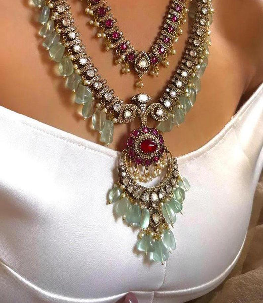 Moissanite ruby and green layered Rani haar polki Uncut Necklace Set/Sabyasachi Inspired Jewelry/Bollywood Jewelry/Statement necklace set