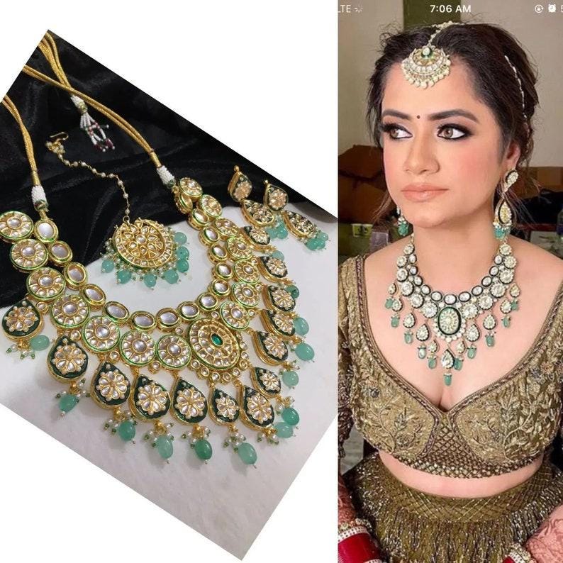 Beautiful Gold Wedding Wear Artificial Jewelry Set/ Indian Bridal Set/ Kundan Necklace Set/ Traditional Jewelry Set/ Kundan Necklace Set