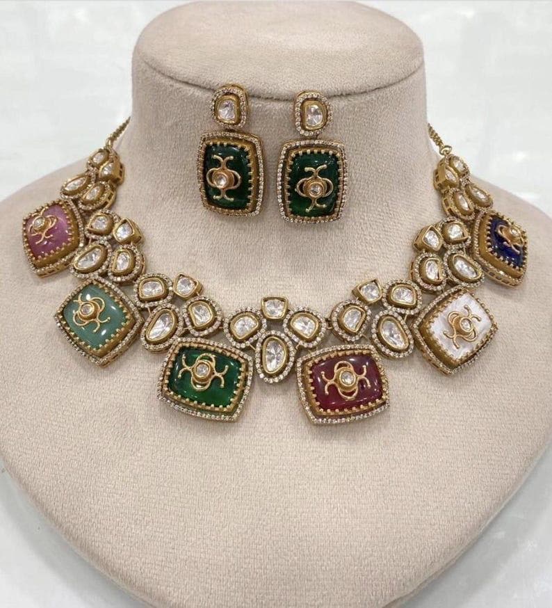 Bestseller Sabyasachi Inspired Victorian Multicolor Navratan Kundan Polki Bollywood Jewelry Set Ambani Jewelry