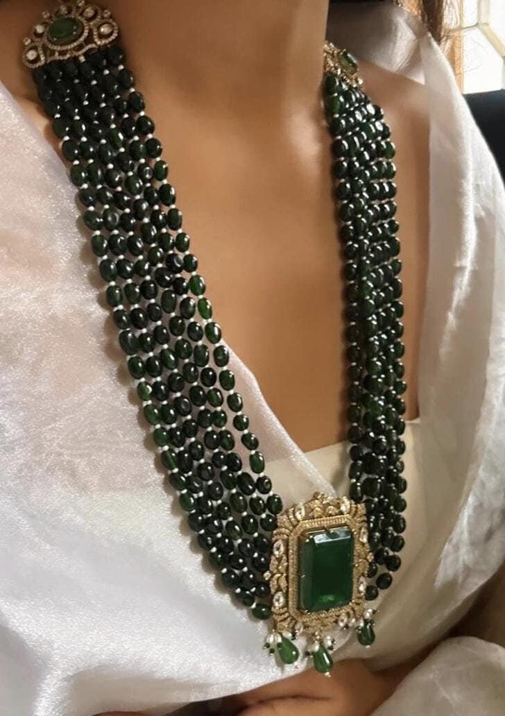 Sabyasachi Inspired Fine Quality Layered Long Emerald Green Faux Zirconium Polki Kundan Necklace Set/ Ruby necklace set