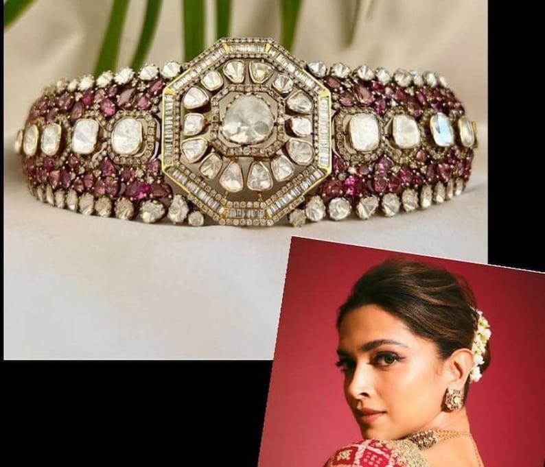 Deepika Padukone inspired mossanite polki Ruby American diamond statement choker set with studs/sabyasachi necklace set