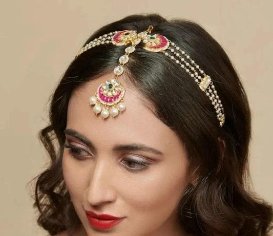 Pink Royal Kundan Sheesh Phool With Freshwater Pearls And Kundan Embellishments/Matha Patti For Bridal/ Indian Hair Jewelry