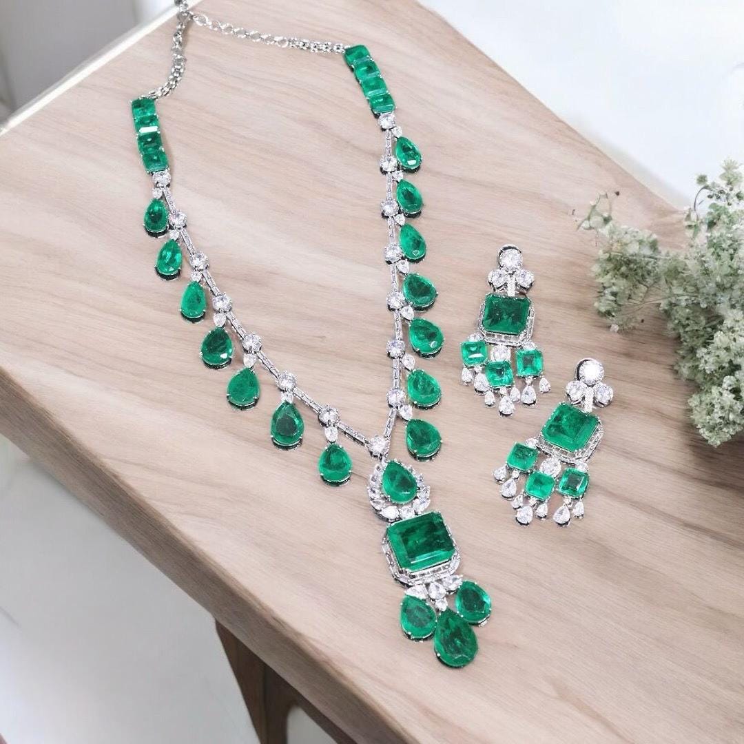 Neeta Ambani Emerald Replica Indian Jewelry Set/High Quality Cubic Zirconia Diamond Look Indian Bridal Set/Indian Jewelry