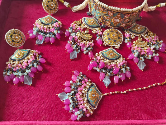 premium kundan meenakari grand necklace set with long earrings and tikka / bridal meenakari necklace set