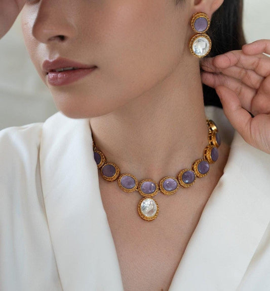 Simple Indian Wedding Guest Purple Kundan Necklace Set/ Artificial Jewelry Set/ Indian Jewelry