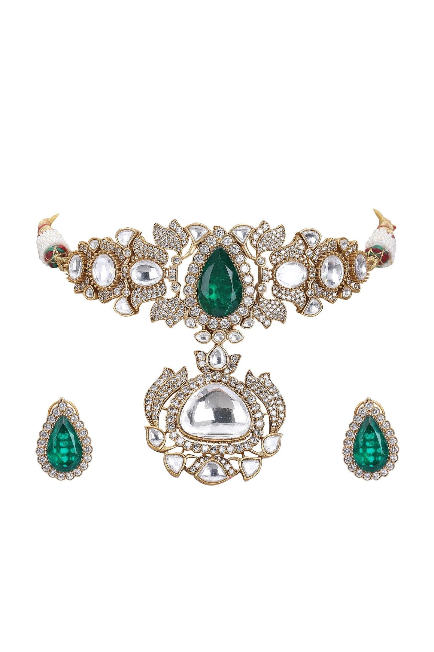 Green Kundan Embellished Pendant Choker Set/ Artificial Jewelry Set/ Indian Bridal Set/ Kundan Necklace Set