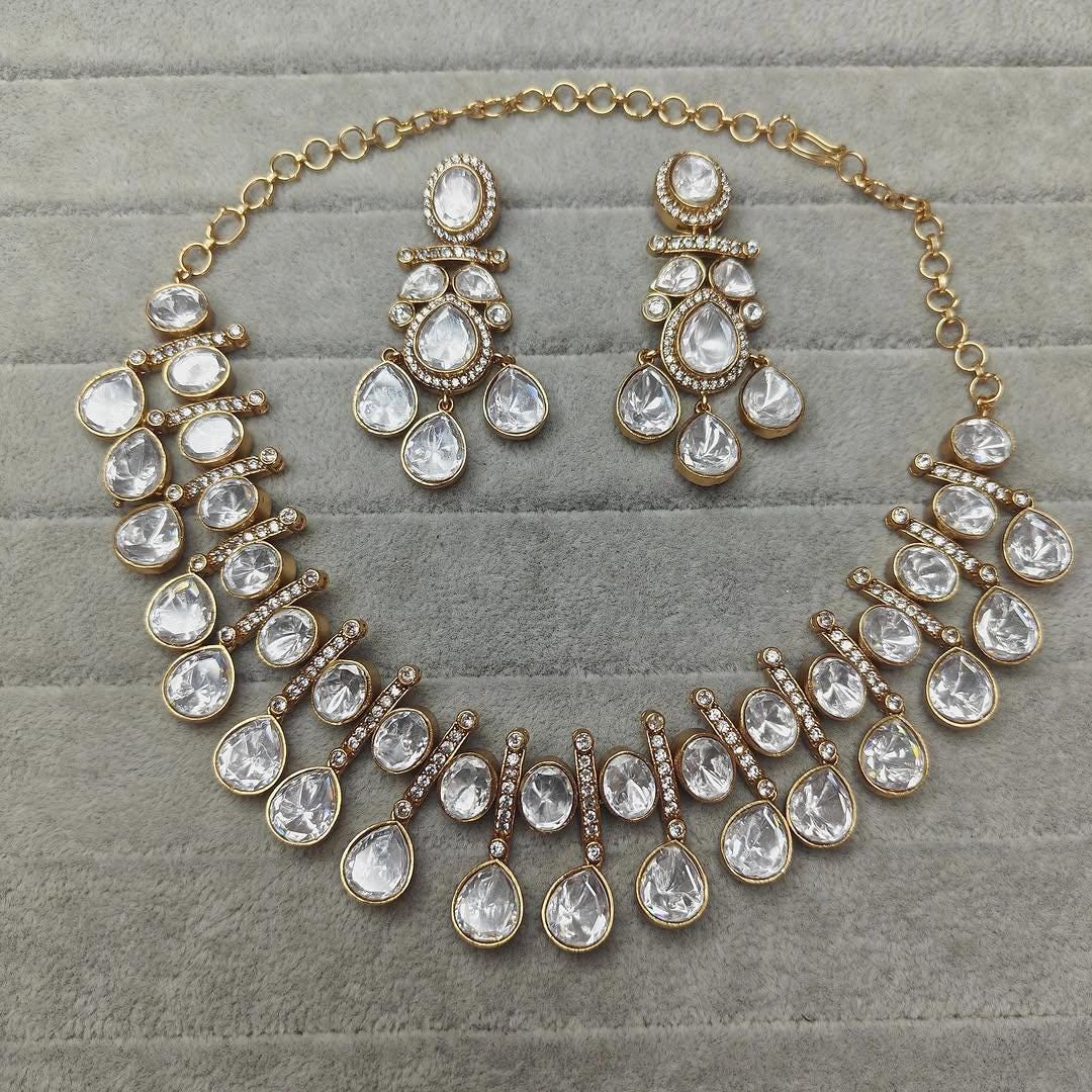 Gold Artificial Jewelry Set/ Indian Bridal Set/ Kundan Necklace Set/Indian Jewelry/ Diamond Replica