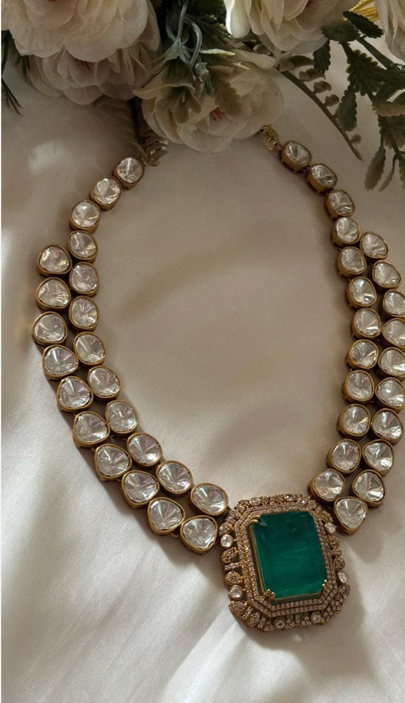 Bollywood inspired manish malhotra design nita Ambani emerald wedding necklace Indian Kundan polki jewelry set