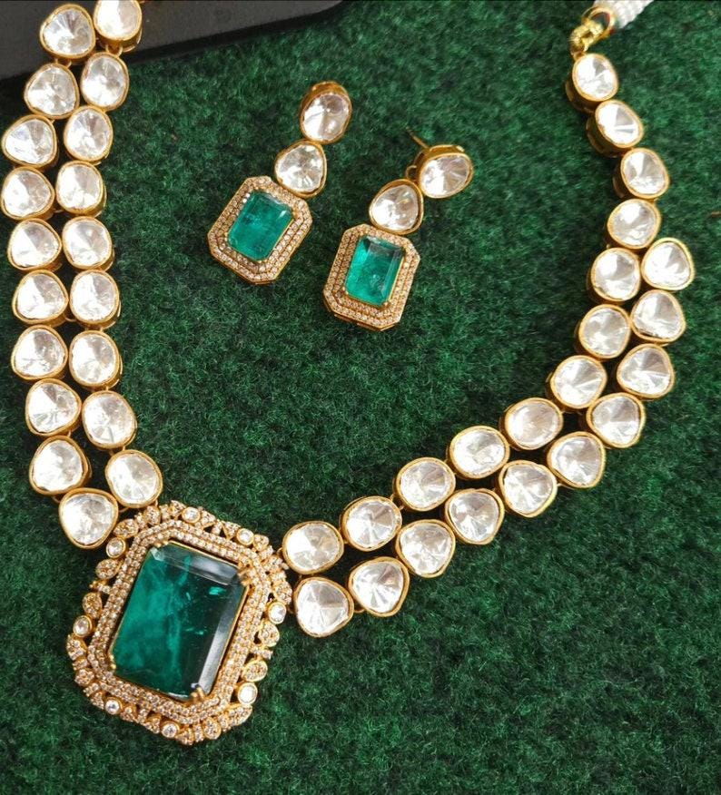 Bollywood inspired manish malhotra design nita Ambani emerald wedding necklace Indian Kundan polki jewelry set