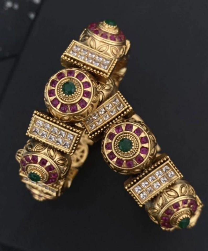 Gold Rajasthani Wedding Bangles Indian Wedding Openable Kadas Pink-Green Bangles/Kundan Bangles/Temple Bangles/South Indian Jewelry