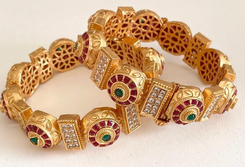 Gold Rajasthani Wedding Bangles Indian Wedding Openable Kadas Pink-Green Bangles/Kundan Bangles/Temple Bangles/South Indian Jewelry