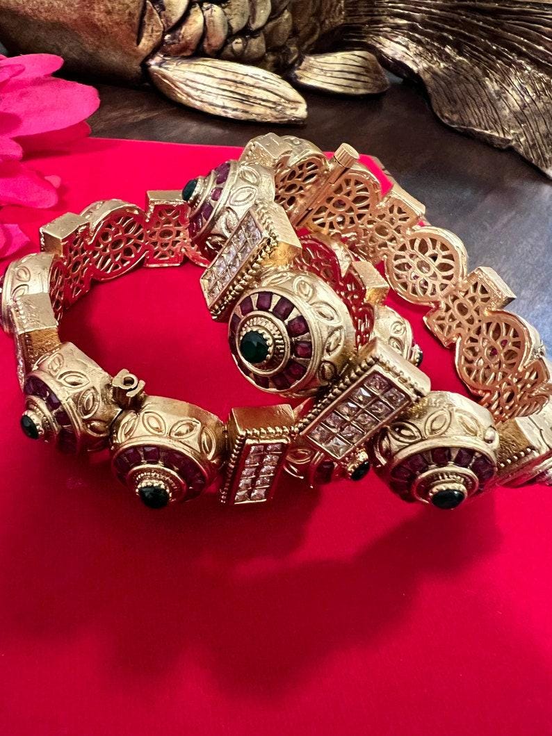 Gold Rajasthani Wedding Bangles Indian Wedding Openable Kadas Pink-Green Bangles/Kundan Bangles/Temple Bangles/South Indian Jewelry