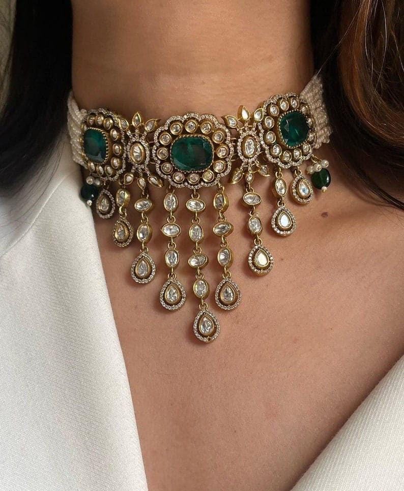 Sabyasachi inspired green uncut kundan Victorian choker set with earrings