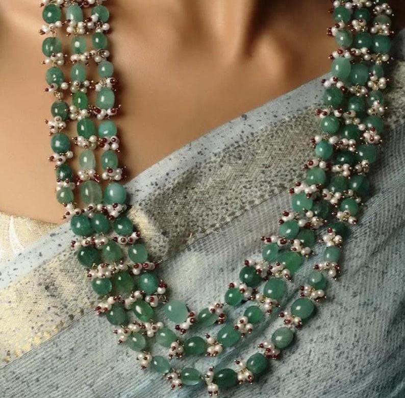 Jaipur Emerald Beads Green Gold Tone Pearl Beaded Necklace Ambani Indian Wedding Jewelry