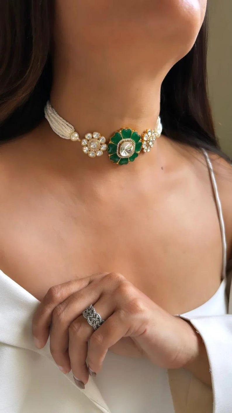 Premium Minimalist moissanite & emerald necklace choker set with earrings Indian kundan set