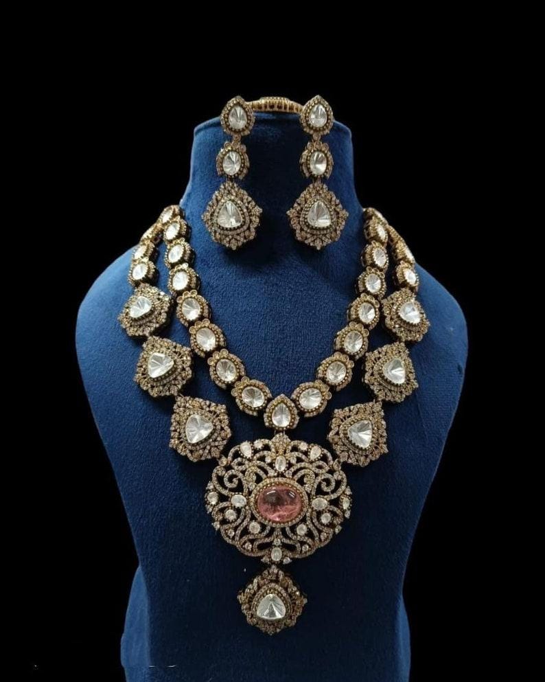 Victorian 2 layer necklace set stunned with doublets and polki stones , earrings and tikka