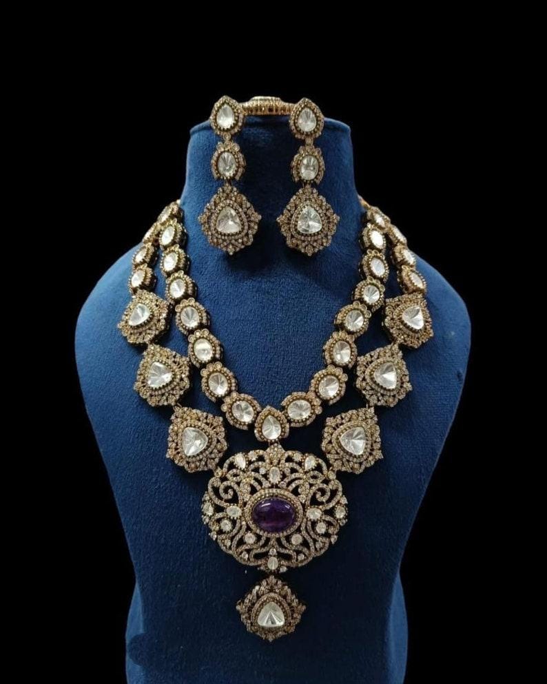 Victorian 2 layer necklace set stunned with doublets and polki stones , earrings and tikka