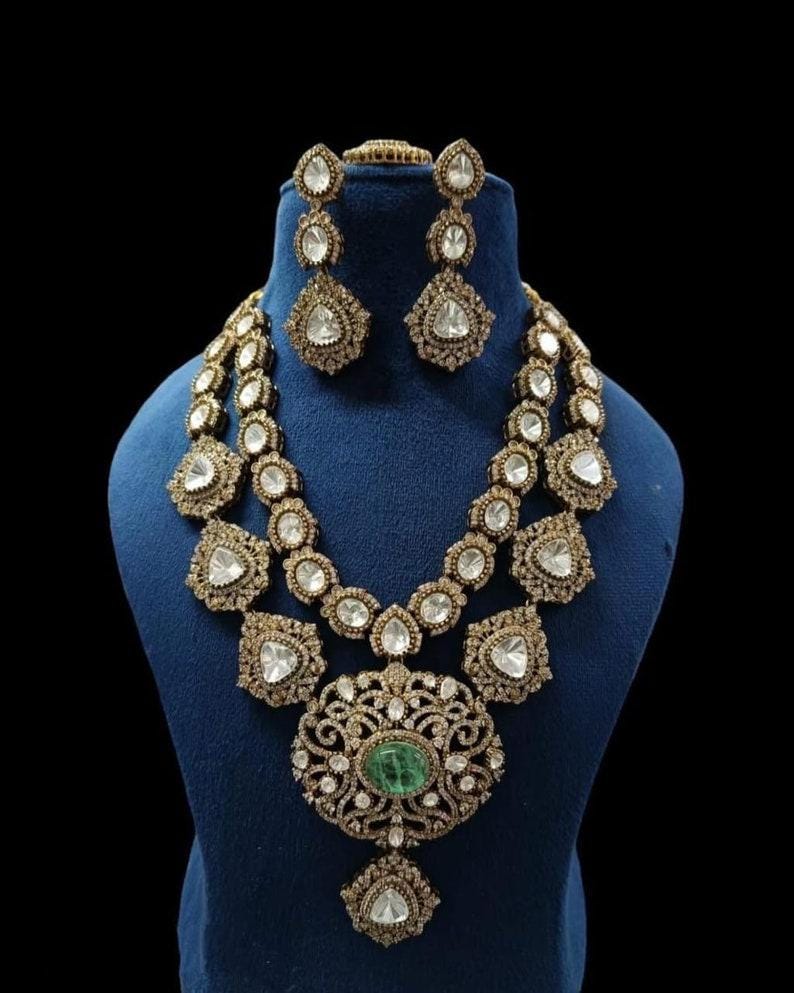 Victorian 2 layer necklace set stunned with doublets and polki stones , earrings and tikka