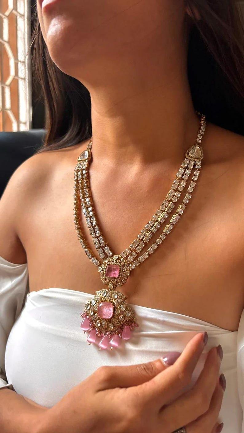 Blush pink Victorian Long Uncut Kundan Necklace Set/Sabyasachi Inspired Jewelry/Bollywood Jewelry/Statement necklace set Indian