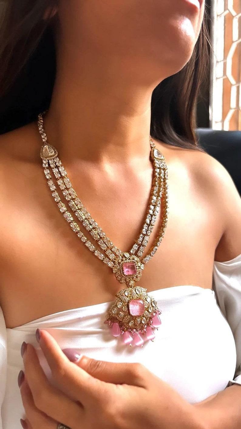 Blush pink Victorian Long Uncut Kundan Necklace Set/Sabyasachi Inspired Jewelry/Bollywood Jewelry/Statement necklace set Indian