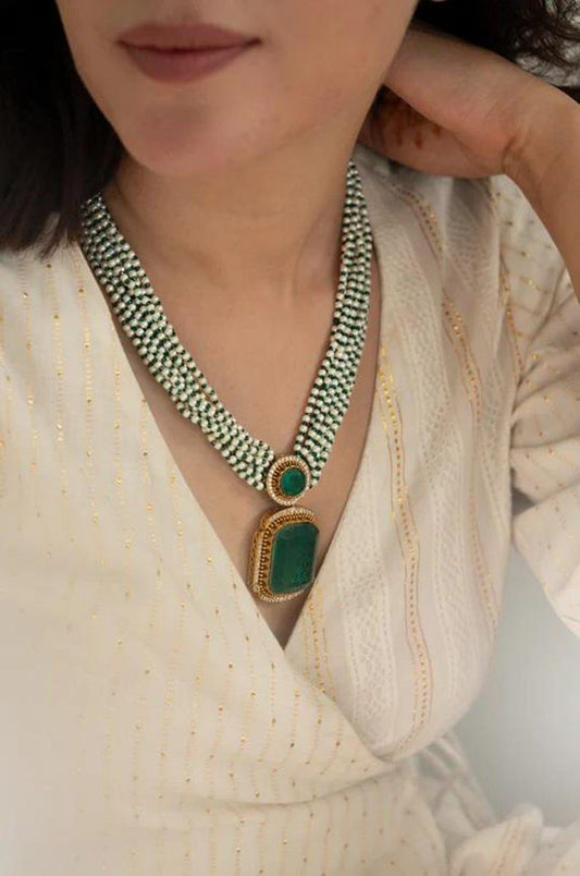 Long pearl Green Emerald Pendant Kundan Necklace Set/Sabyasachi Inspired Jewelry/Bollywood Jewelry/Statement necklace set