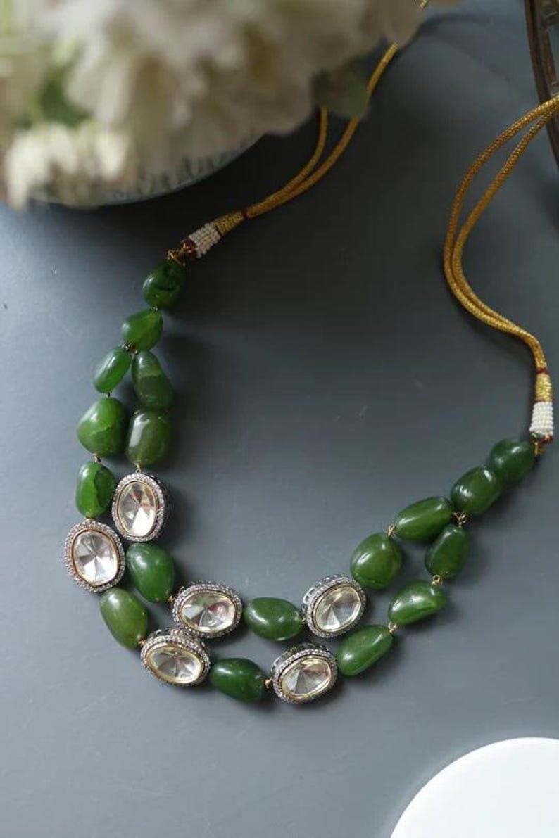 Oval Layered Green Polki Necklace 22K Gold And Rhodium Plated Silver Alloy 16 Inches