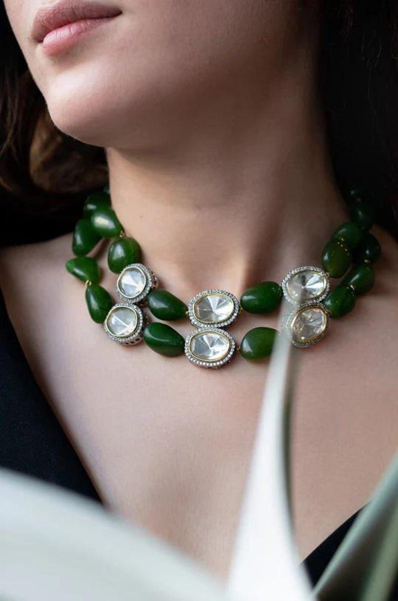 Oval Layered Green Polki Necklace 22K Gold And Rhodium Plated Silver Alloy 16 Inches