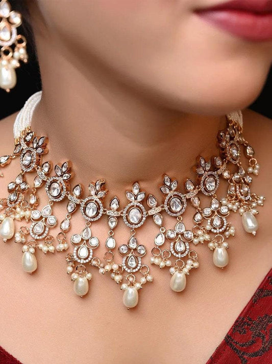 Moissanite White Pearl Gold Plated Indian Kundan Choker Indian Wedding