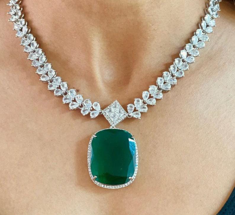 Emerald Cz Green Pendant Silver Necklace Green American Diamond Statement Jewelry CZ Indian Wedding Set