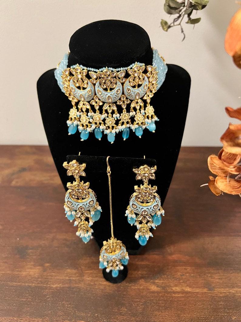 Premium Quality Rajwada Meenakari light blue choker set Indian Punjabi gold plated kundan wedding set Moissanite