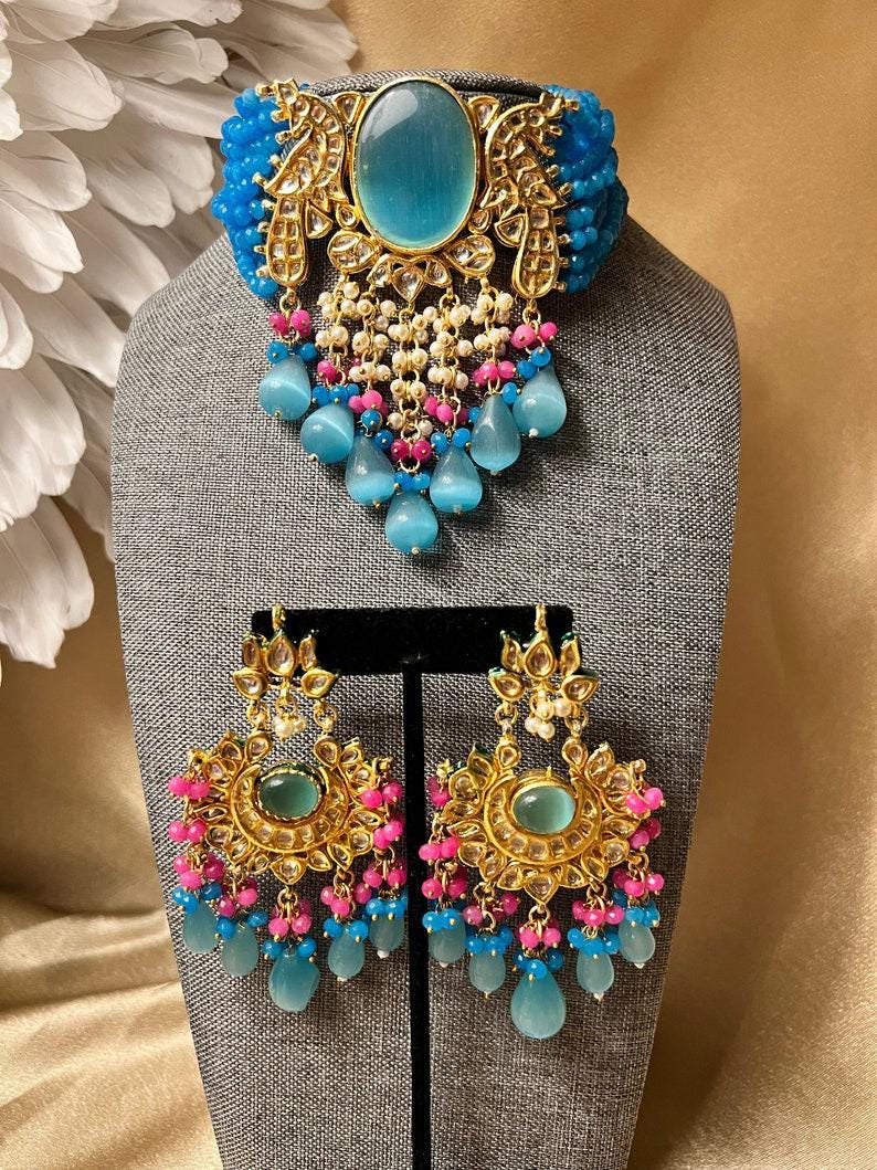 Blue Kundan Choker Indian Set with Earrings Punjabi Choker Set