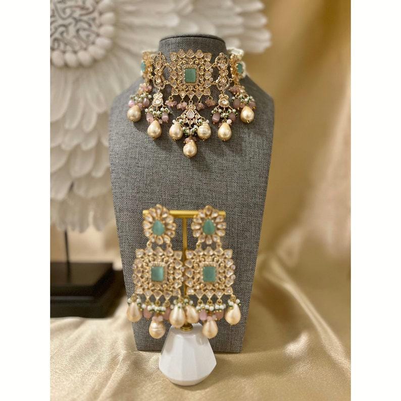 Kundan Pearl Mint Choker Set Punjabi Indian Wedding Premium Designer Artificial Set