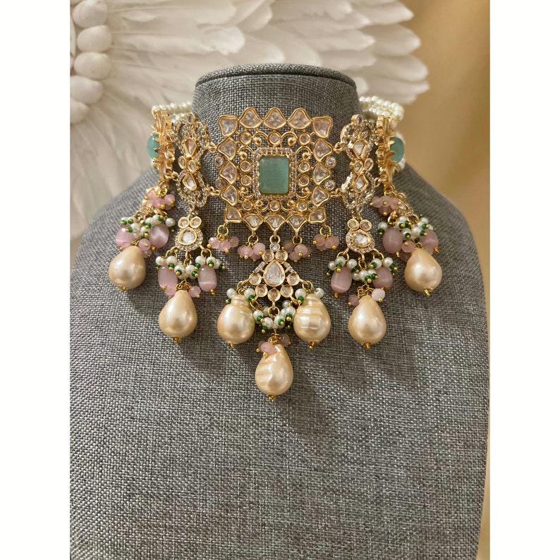 Kundan Pearl Mint Choker Set Punjabi Indian Wedding Premium Designer Artificial Set