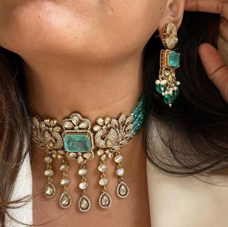 Turquoise Indian Victorian Choker Set With Earrings/Bollywood Jewelry/Indian Choker Ferozi Turqoise