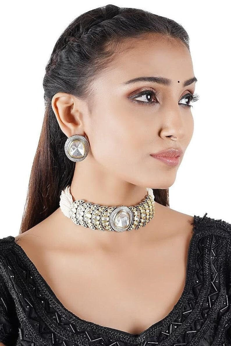 Simple Gold Finish Pearl And Kundan Indian Polki Necklace Set Choker