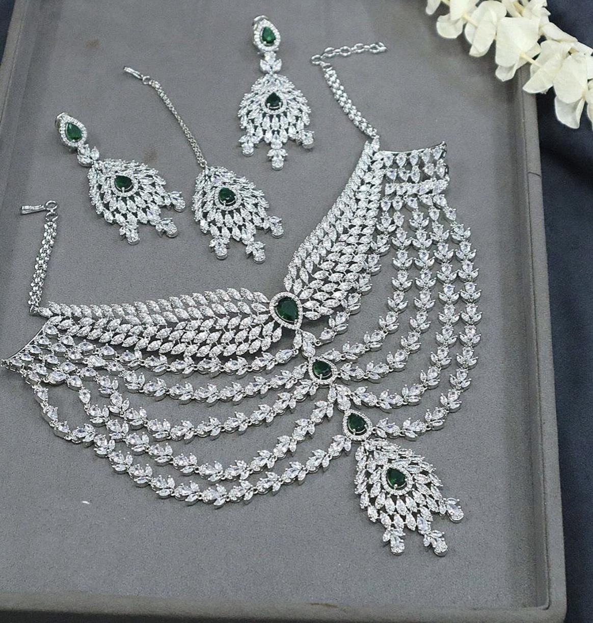 Silver Diamond Green Necklace/Statement Jewelry Set/Statement Necklace/Indian Jewelry/Cz Necklace/Pakistani Choker/Diamond Choker Indian