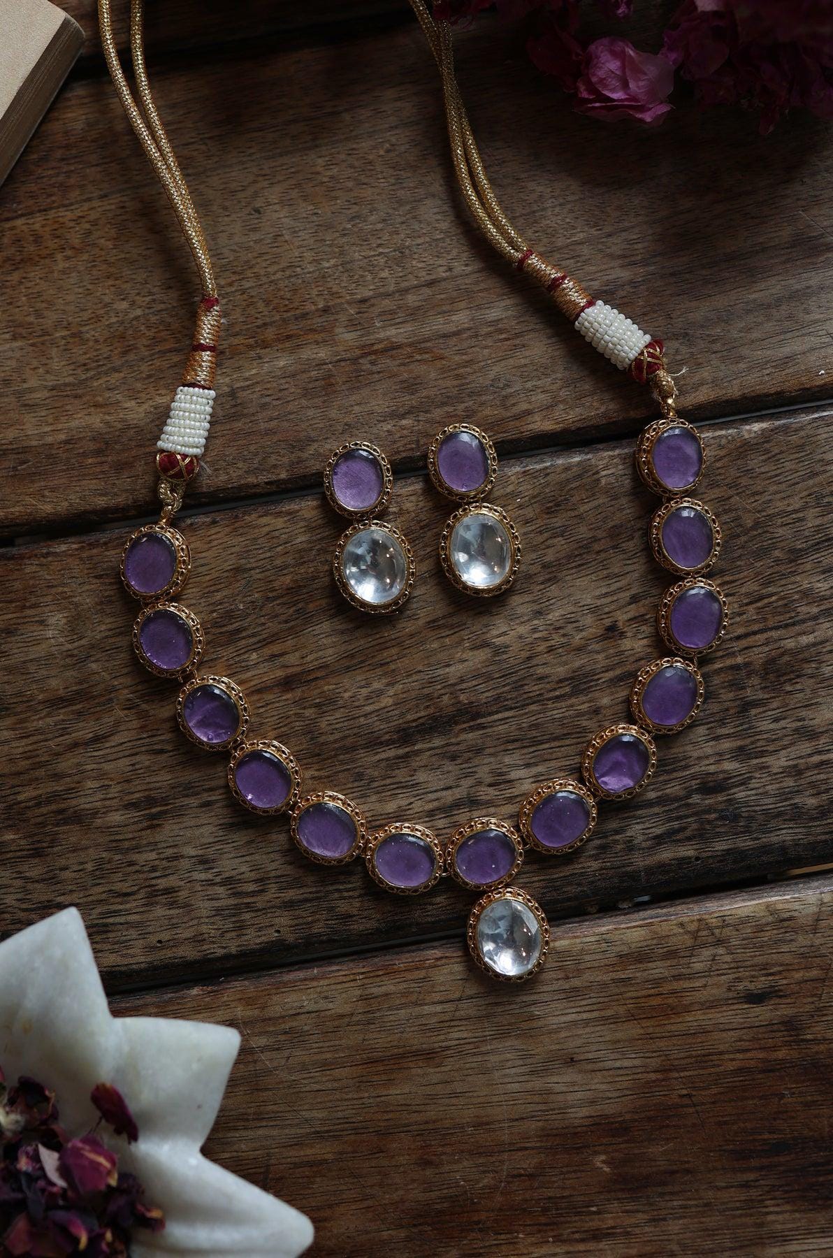 Simple Indian Wedding Guest Purple Kundan Necklace Set/ Artificial Jewelry Set/ Indian Jewelry