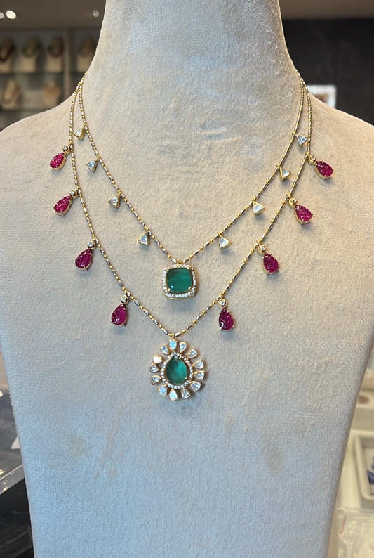 Layered Sabyasachi Inspired Indian Necklace Set in Moissanite Green Ruby Gold Indian Jewelry