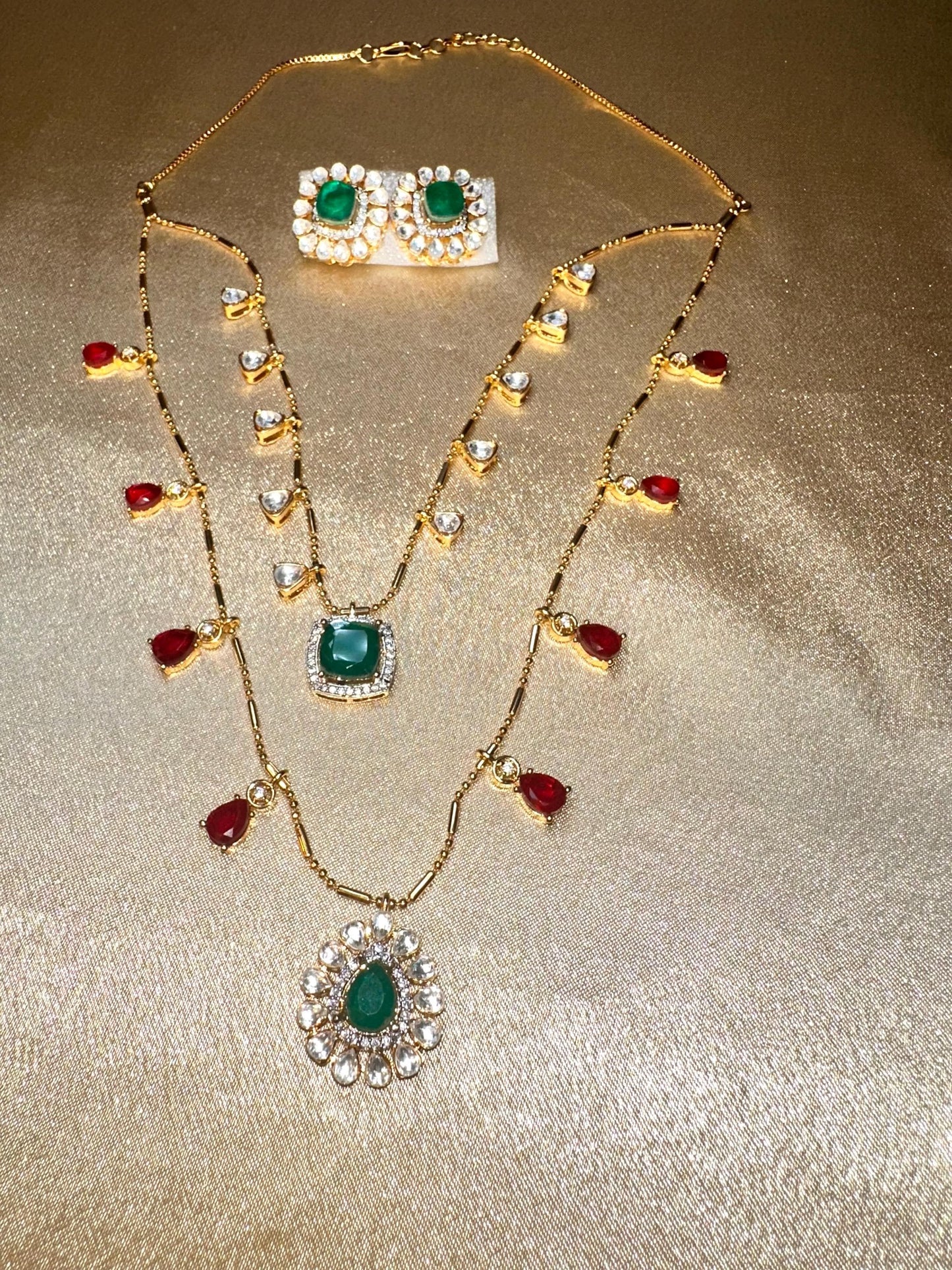 Layered Sabyasachi Inspired Indian Necklace Set in Moissanite Green Ruby Gold Indian Jewelry