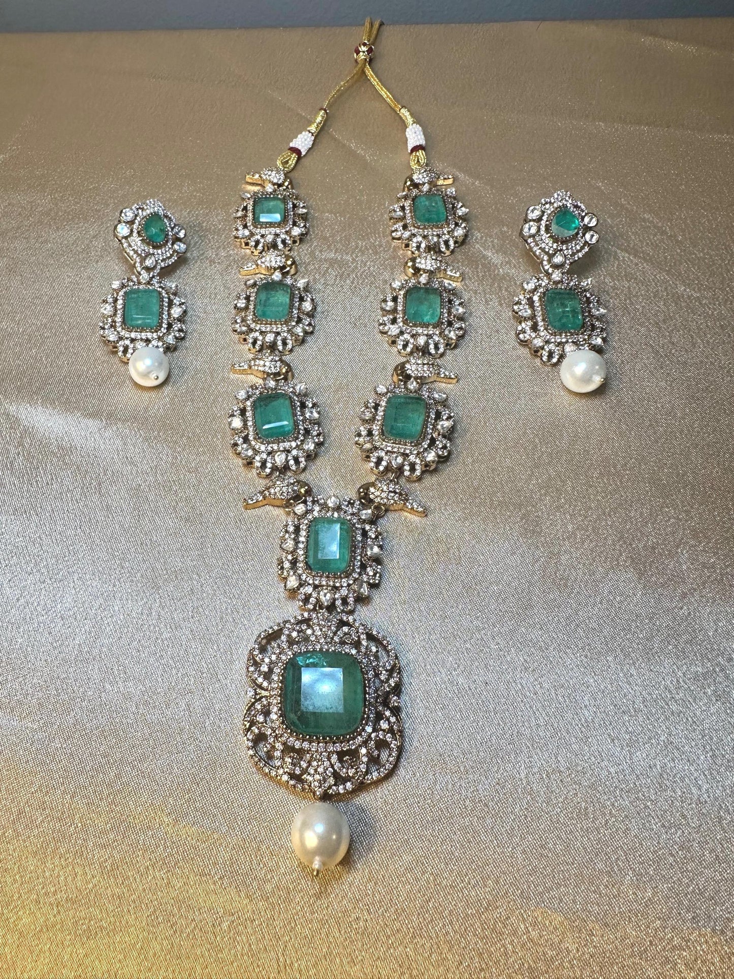 Mint Green Victorian Statement Long Raani Necklace Set/Indian Jewelry/Green Indian Set/Indian Bridal Jewelry/Polki Green Set Oxidized