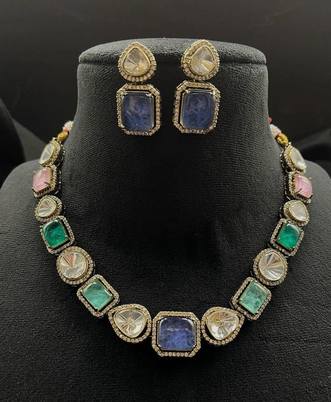 Multicolor Kundan Blue Indian Necklace Set / Indian Celebrity Designer Necklace, Indian Pakistani Jewelry / Indian artificial jewelry