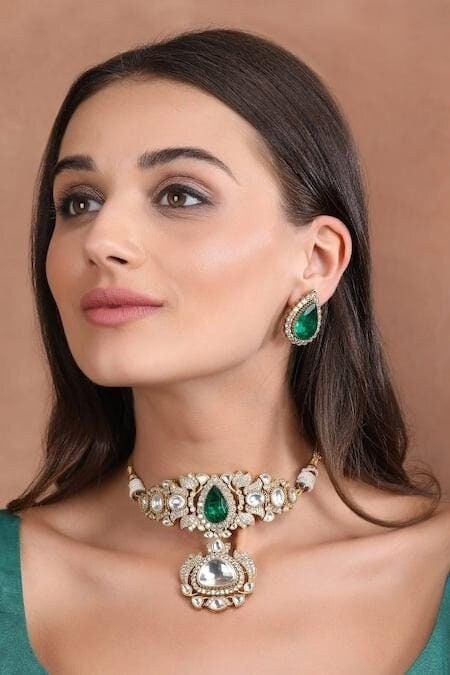 Green Kundan Embellished Pendant Choker Set/ Artificial Jewelry Set/ Indian Bridal Set/ Kundan Necklace Set