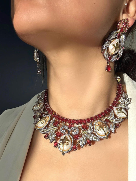 Victorian Choker Set/Ruby Baroque Pearl Cz Necklace Set with Statement Earrings/Sabyasachi Inspired Jewelry Set/Statement Jewelry Set